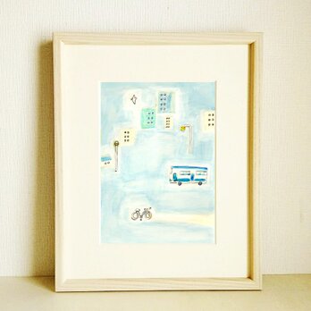 水彩イラスト｜原画「バスに乗って」※木製額縁入り（インチサイズ）の画像
