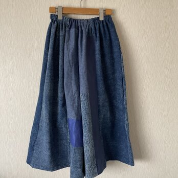 古布切替パッチワークワイドサルエルパンツ　一点物藍系Ｆの画像