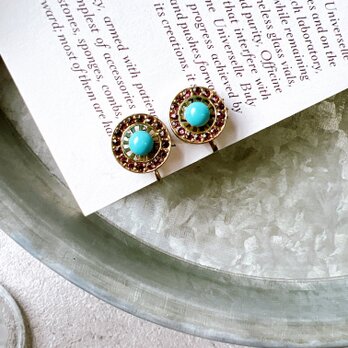 Y1110-ヴィンテージイヤリング U.S.A.  Turquoise  Cabochon Purple Rhinestoneの画像