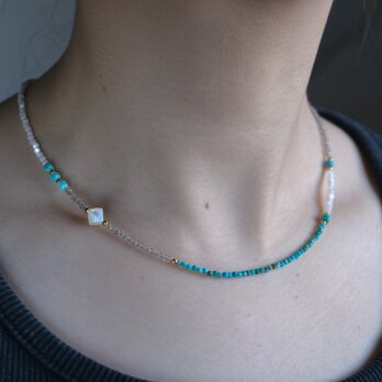 sturquoise ＆mother of pearl necklace：天然石ターコイズ/マザーオブパール/オプシディアン　の画像