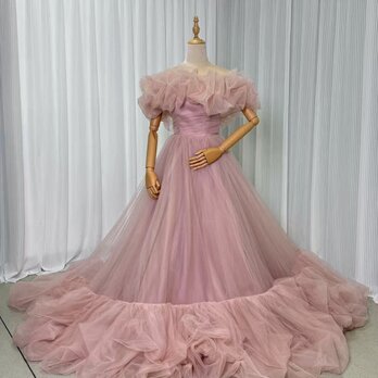カラードレス 薄桃色 取り外しオフショルダー リボン ブライダル 可愛い 華やかなトレーン 結婚式の画像