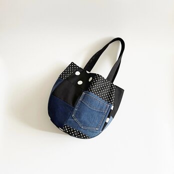 デニムパッチワークバッグ ブラック ドット モノトーン 肩掛け A4