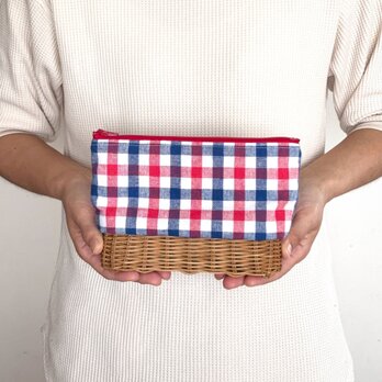ラタンのポーチ・ペンケース【トリコロールチェック】/自然素材/手編みのカゴ