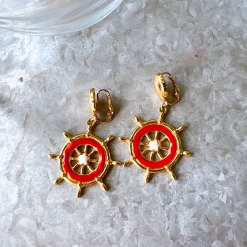 YA163-【 AVON 】エイボン・ヴィンテージイヤリング Red Enamel Paint Steering Wheelの画像