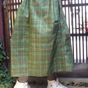 着物リメイク☆緑の格子紬で変形バルーン80cm丈の画像