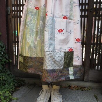 着物リメイク☆ピンクの紬で甘辛スカート73cm丈の画像