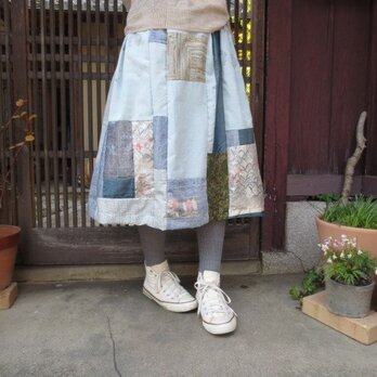 着物リメイク☆きれいな春色紬パッチでふんわりスカート76cm丈の画像
