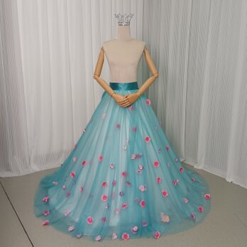 カラードレス ブルー オーバースカート 花モチーフ ロングトレーン 可愛い 花嫁の画像