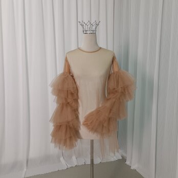 トップス ソフトチュール ベージュ レイヤードドレス ロングスリーブ カーディガン 二次会の画像