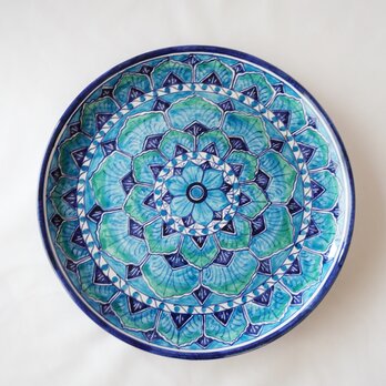絵皿 26cm GEO051 コバルトブルーとターコイズブルーの幾何学模様 マヨリカ焼き イタリア陶器　の画像