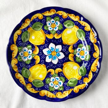 絵皿 26cm GEO045 マヨリカ焼き イタリア陶器 レモン柄　ディナー皿　コバルトブルーの画像
