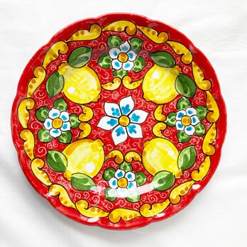 絵皿 26cm GEO047 マヨリカ焼き イタリア陶器 レモン柄　ディナー皿　レッドの画像