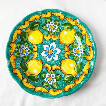 絵皿 26cm GEO046 マヨリカ焼き イタリア陶器 レモン柄　ディナー皿　エメラルドグリーンの画像