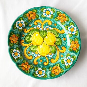 絵皿 26cm GEO056 マヨリカ焼き イタリア陶器 レモン柄　ディナー皿　エメラルドグリーンの画像