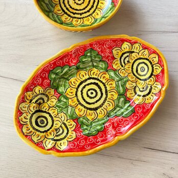 オーバル皿 25cm マヨリカ焼き イタリア陶器　ひまわり　向日葵の画像