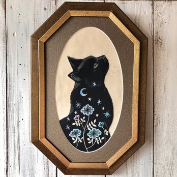 「導きの黒猫」額付 アート作品 原画 徳島洋子作品 アクリル画 猫の画像