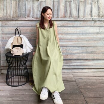 【着丈調整可能】品よく映える コットン キーネック ノースリ ワンピース　ピスタチオ　0655PTの画像