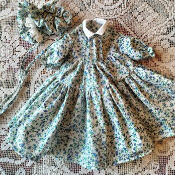 ドール背丈４５～５０ｃｍ用　ブルー花柄ドレスとボネ　　の画像