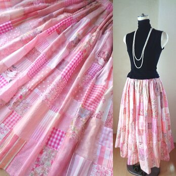 ♥お盆セール！！♥絵画なパッチワーク♥pink♥ロングマキシ丈♥ボリュームギャザースカート♥87㎝丈