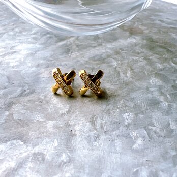 PA320-【 AVON 】エイボン・ヴィンテージピアス 1990s Gold Tone Rhinestones Crossの画像
