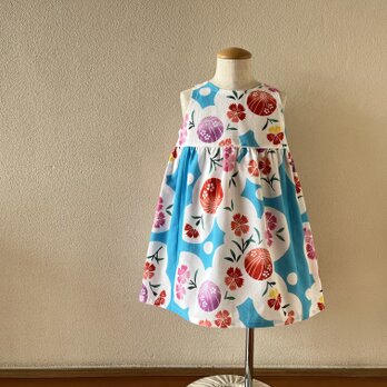 子供　浴衣地ひかえめフレアーワンピース　注染なでしこ（水色地）　80-130サイズ〈受注製作〉の画像