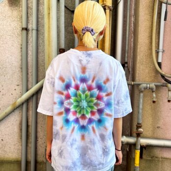 タタイダイ染め ビッグシルエット Tシャツ Mサイズ 曼荼羅 ホワイト×グレー ムラ染め Hippies Dye HD23-96の画像
