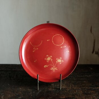 草花と月◆古輪島塗　花月文漆芸沈金中皿　漆器　骨董/antiques 古民家　時代物　明治~大正期の画像