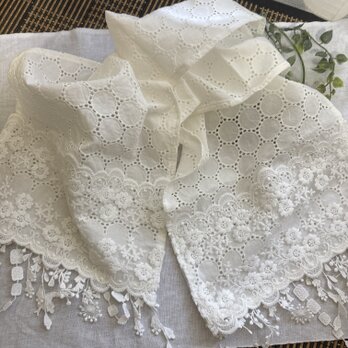 ☆ハンドメイドストール白コットンサークルレース刺繍お花刺繍レースフリンジレースの画像
