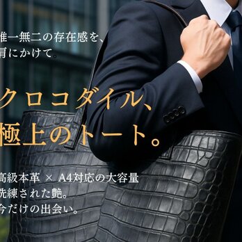 クロコダイル トートバッグ 高級 大容量 A4収納可 バッグ 本革 一点物 限定 職人手作りの画像