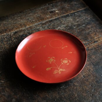 草花と月◆古輪島塗　花月文漆芸沈金中皿　漆器　骨董/antiques 古民家　時代物　明治~大正期【iA】の画像