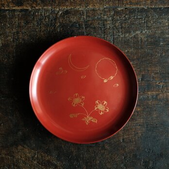 草花と月◆古輪島塗　花月文漆芸沈金中皿　漆器　骨董/antiques 古民家　時代物　明治~大正期【iB】の画像