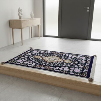ペルシャ絨毯クム産シルク　薔薇　タバタバイ工房　玄関マット　ラグ　88x61cm ネイビー パープル　PM5451