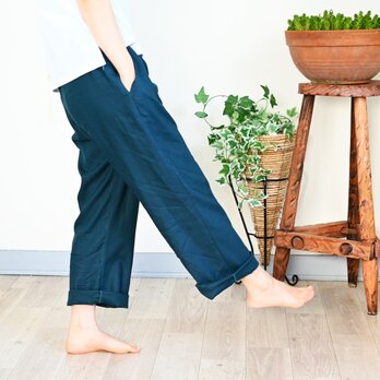 【新色】ベーシックストレート リネンパンツ：カナルブルー（青緑）の画像