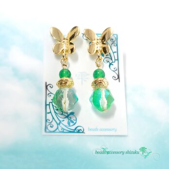 蝶ルナフラッシュピアス＊グリーンオニキスの画像