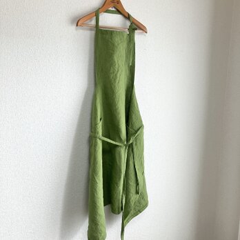 小柄なあなたに贈るベルギーリネンの華やぎワークエプロン　スモールサイズ　程よい厚みの25番手　ブライトグリーンの画像
