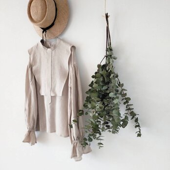 ヨークレイヤーギャザースリーブリネンブラウス/ベージュ