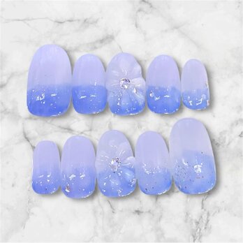 【10枚セット／Mサイズ】紫陽花グラデ×3Dフラワー 涼しげネイルチップ 夏の画像