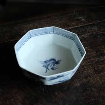 八角で素敵◆見込みに麒麟。瀬戸焼　黒染付八角鉢　ラーメン鉢　骨董・antiques 中国美術　大正~昭和初期の画像
