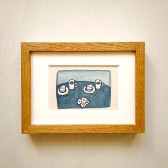 「カフェ」原画 イラスト ※木製額縁入り（2Lサイズ）水彩 ドローイング インテリアアート