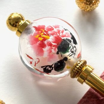 かんざし　牡丹の花の吹きガラスビーズ　冬春　一本簪　一本挿し　涼しげ　ピンク　赤　レッドの画像