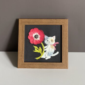 ［複製画］和紙ちぎり絵アートプリント（無料ラッピング付き）赤いアネモネと三毛猫の小さなウォールデコ