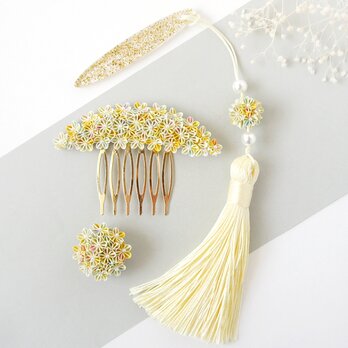 着物小物 3点セット 「 パステルイエロー 」 ヘアコーム 帯留め 帯飾り つまみ細工 パール 和装 紫色 浴衣 春