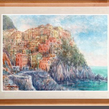 水彩画原画　断崖に立つマナローナの街・イタリア　＃664の画像