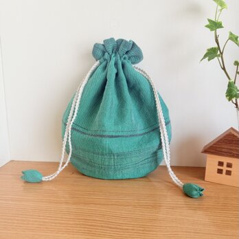 播州織のラウンド巾着袋（グリーン）