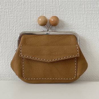 ぱかっと開くとお部屋が3つの親子がまぐち♪外ポッケが付いた木玉口金の四角い本革ミニ財布の画像
