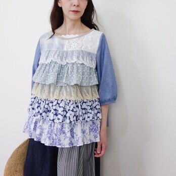 [予約販売] ダンガリーとチュールフリルのノスタルジックパフブラウスの画像