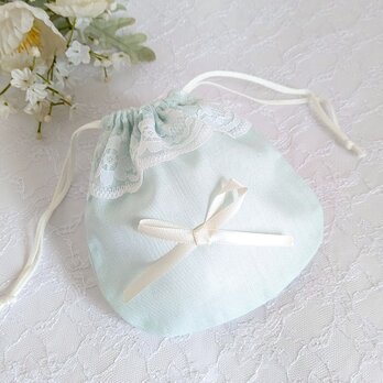 可愛いレースとリボンの巾着袋(アクア）