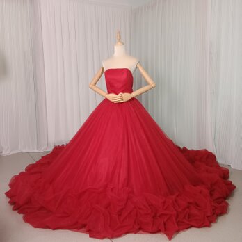 豪華！カラードレス ボルドー色 キラキラグリッターチュール ビスチェタイプ 華やかなトレーン 結婚式の画像