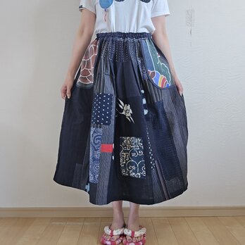 着物リメイク　手作り　絣　パッチワーク　スカートの画像