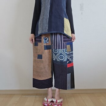 着物リメイク　手作り　麻　パッチワーク　ベストの画像